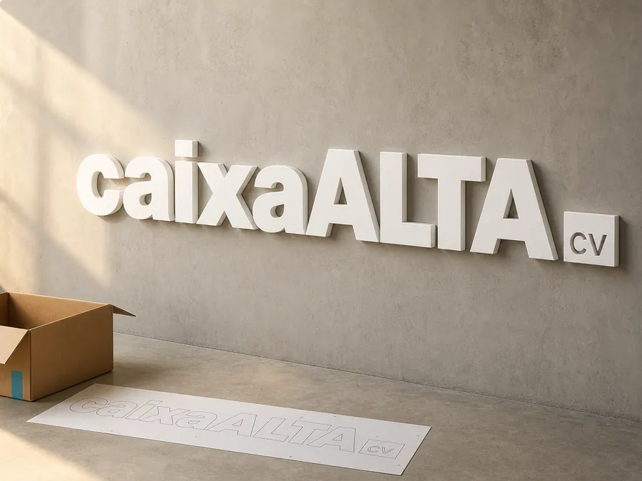 Letreiro montado na parede, com a caixa e o gabarito no chão